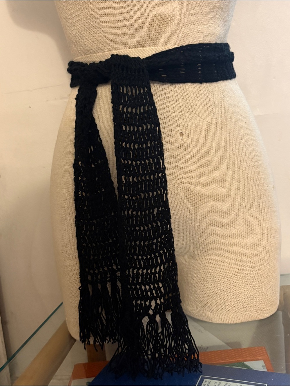Black Boho Handmade Crochet Fringe Tie Waist Statement Belt